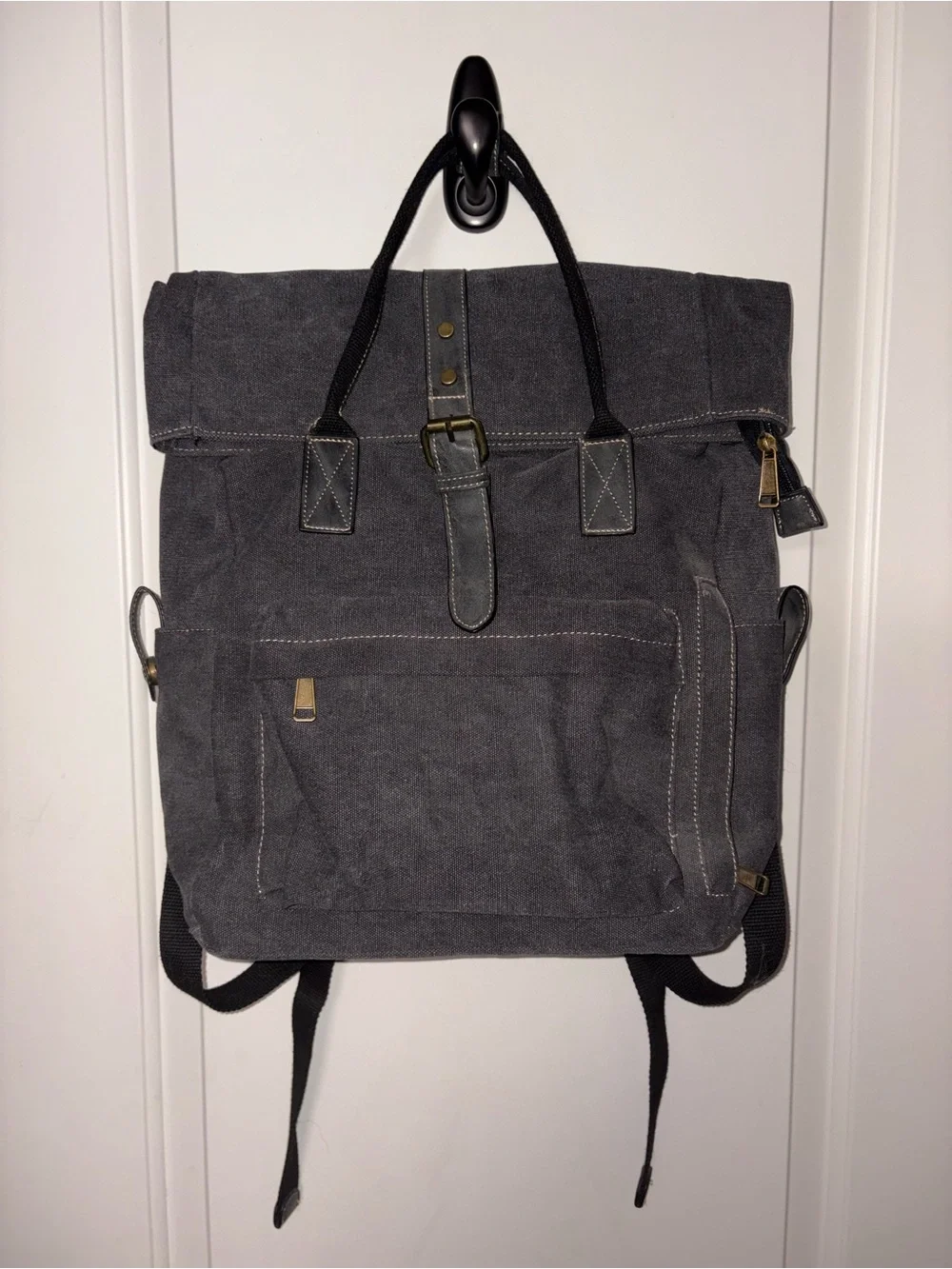 Cargoit Roll-Top Canvas Backpack in Charcoal Gray